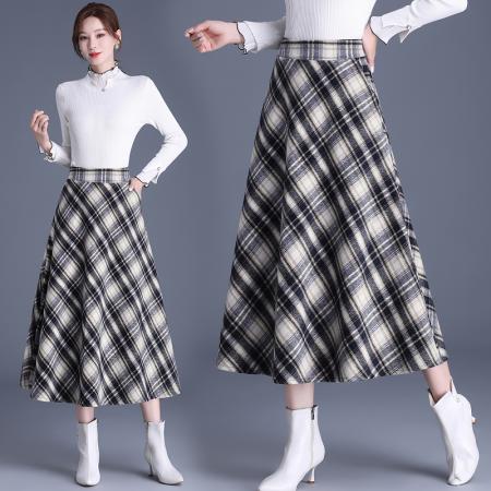FA52594# 冬季新款高腰显瘦中长款半身裙加厚毛呢裙百搭格子大摆裙  服裝批發女裝批發服飾貨源