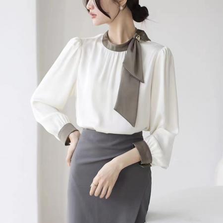 FA52603# 法式温柔领口蝴蝶结衬衫女装春季新款拼色飘带设计感缎面上衣  服裝批發女裝批發服飾貨源