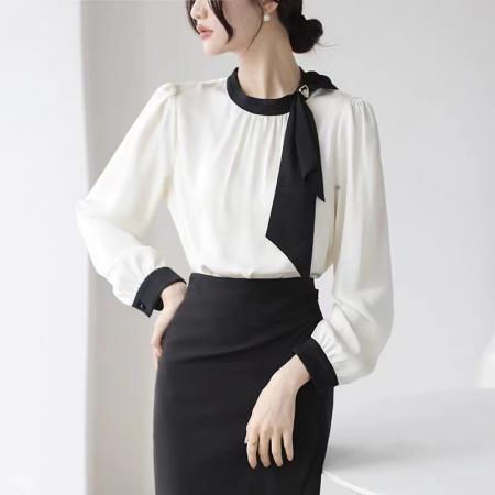 FA52603# 法式温柔领口蝴蝶结衬衫女装春季新款拼色飘带设计感缎面上衣  服裝批發女裝批發服飾貨源