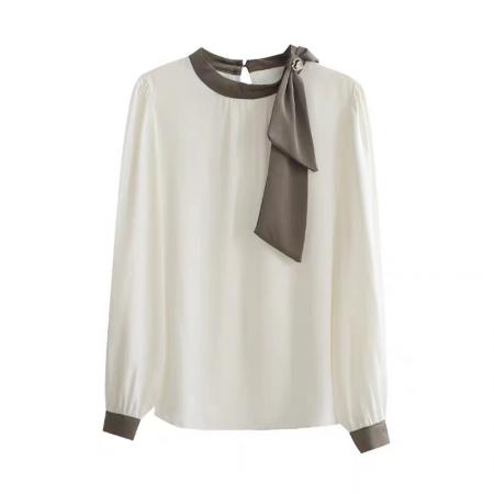 FA52603# 法式温柔领口蝴蝶结衬衫女装春季新款拼色飘带设计感缎面上衣  服裝批發女裝批發服飾貨源