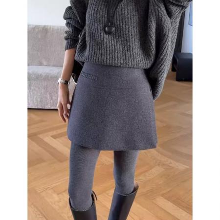 FA52604# 大码毛呢开叉半身裙女秋冬新款高腰显瘦百搭字母刺绣A字短裙  服裝批發女裝批發服飾貨源