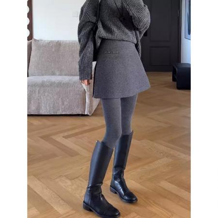 FA52604# 大码毛呢开叉半身裙女秋冬新款高腰显瘦百搭字母刺绣A字短裙  服裝批發女裝批發服飾貨源