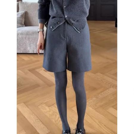 FA52605# 大码韩版灰色毛呢阔腿裤女秋冬季新款高腰靴裤胖MM显瘦短裤子  服裝批發女裝批發服飾貨源