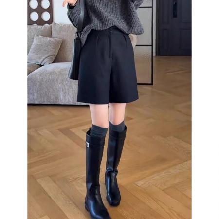 FA52605# 大码韩版灰色毛呢阔腿裤女秋冬季新款高腰靴裤胖MM显瘦短裤子  服裝批發女裝批發服飾貨源