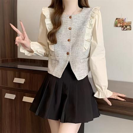 FA52607# 法式小香风圆领长袖小衫女春季新款减龄显瘦假两件漂亮上衣  服裝批發女裝批發服飾貨源