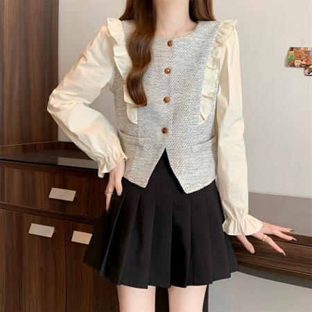 FA52607# 法式小香风圆领长袖小衫女春季新款减龄显瘦假两件漂亮上衣  服裝批發女裝批發服飾貨源