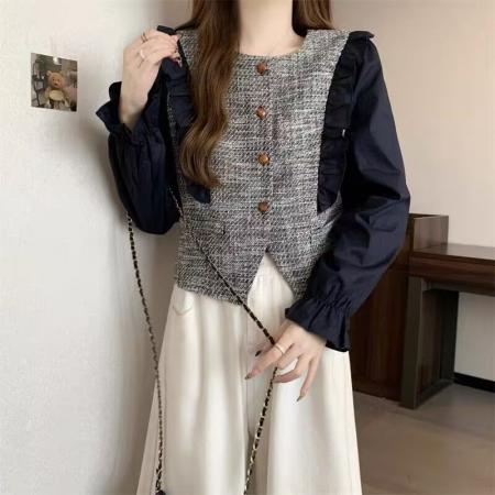 FA52607# 法式小香风圆领长袖小衫女春季新款减龄显瘦假两件漂亮上衣  服裝批發女裝批發服飾貨源