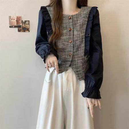 FA52607# 法式小香风圆领长袖小衫女春季新款减龄显瘦假两件漂亮上衣  服裝批發女裝批發服飾貨源