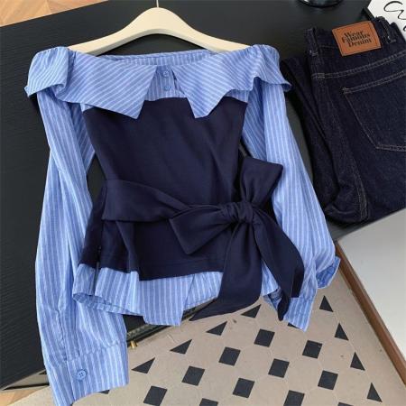 FA52608# 秋季韩版假两件一字肩条纹收腰绑带长袖衬衫小众设计感上衣  服裝批發女裝批發服飾貨源