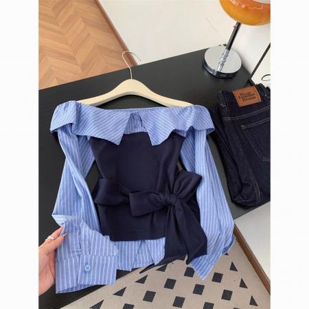 FA52608# 秋季韩版假两件一字肩条纹收腰绑带长袖衬衫小众设计感上衣  服裝批發女裝批發服飾貨源