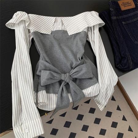 FA52608# 秋季韩版假两件一字肩条纹收腰绑带长袖衬衫小众设计感上衣  服裝批發女裝批發服飾貨源