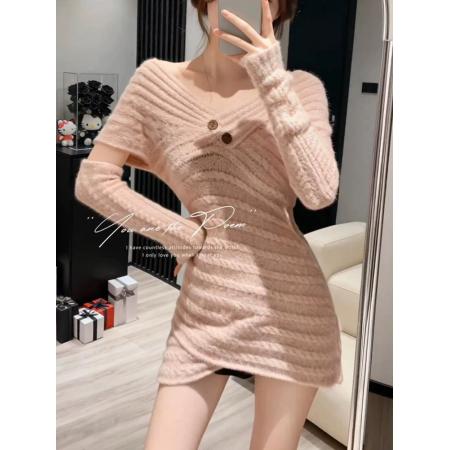 FA52610# 纯欲风粉色一字肩连衣裙女冬季新款温柔气质甜美超好看包臀裙  服裝批發女裝批發服飾貨源