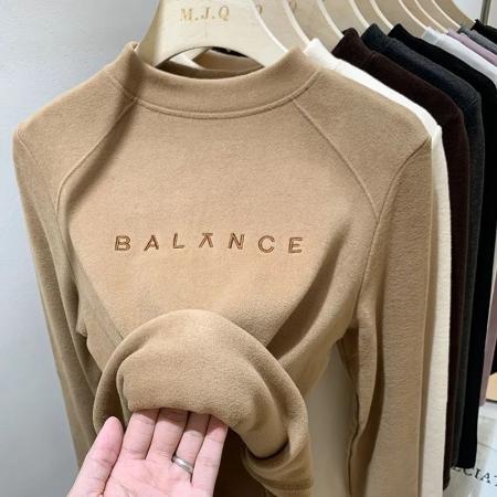 FA52611# 网红爆款胖MM大码字母刺绣打底衫女新款秋冬德绒保暖长袖t恤上衣  服裝批發女裝批發服飾貨源