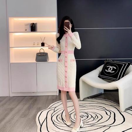 FA52612# 小香风秋冬圆领长袖针织连衣裙修身包臀过膝内搭麻花毛衣打底裙子  服裝批發女裝批發服飾貨源