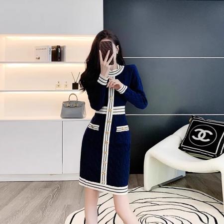 FA52612# 小香风秋冬圆领长袖针织连衣裙修身包臀过膝内搭麻花毛衣打底裙子  服裝批發女裝批發服飾貨源