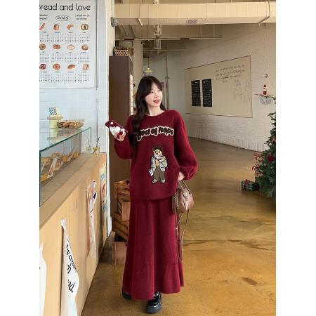 FA52616# 大码小熊老钱正反两穿刺绣毛衣开衫外套+半身裙两件套女  服裝批發女裝批發服飾貨源