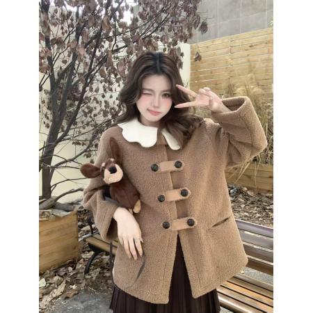 FA52620# ～韩版针织花瓣领秋冬羊羔毛仿皮草皮毛一体宽松加厚外套女  服裝批發女裝批發服飾貨源