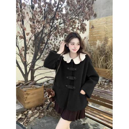 FA52620# ～韩版针织花瓣领秋冬羊羔毛仿皮草皮毛一体宽松加厚外套女  服裝批發女裝批發服飾貨源