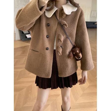 FA52620# ～韩版针织花瓣领秋冬羊羔毛仿皮草皮毛一体宽松加厚外套女  服裝批發女裝批發服飾貨源