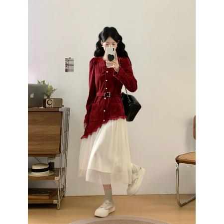 FA52622# ～小香风丝绒连衣裙女新款女装高端名媛法式气质收腰长裙子  服裝批發女裝批發服飾貨源