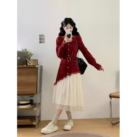 FA52622# ～小香风丝绒连衣裙女新款女装高端名媛法式气质收腰长裙子  服裝批發女裝批發服飾貨源