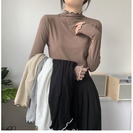 FA52623# 韩版木耳边半高领长袖T恤打底衫女秋冬高级感修身小个子内搭上衣  服裝批發女裝批發服飾貨源