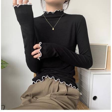 FA52623# 韩版木耳边半高领长袖T恤打底衫女秋冬高级感修身小个子内搭上衣  服裝批發女裝批發服飾貨源