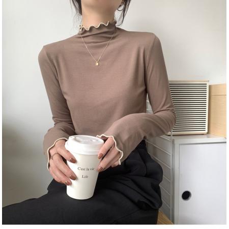 FA52623# 韩版木耳边半高领长袖T恤打底衫女秋冬高级感修身小个子内搭上衣  服裝批發女裝批發服飾貨源