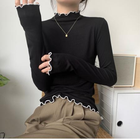 FA52623# 韩版木耳边半高领长袖T恤打底衫女秋冬高级感修身小个子内搭上衣  服裝批發女裝批發服飾貨源