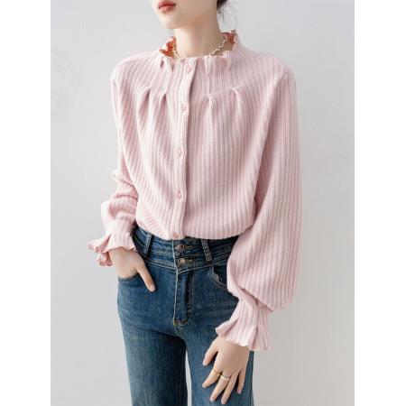 FA52624# 法式立领杏粉色长袖衬衫女新款秋冬季高级感轻奢减龄洋气上衣  服裝批發女裝批發服飾貨源