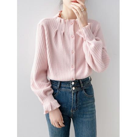 FA52624# 法式立领杏粉色长袖衬衫女新款秋冬季高级感轻奢减龄洋气上衣  服裝批發女裝批發服飾貨源