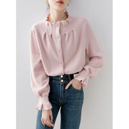 FA52624# 法式立领杏粉色长袖衬衫女新款秋冬季高级感轻奢减龄洋气上衣  服裝批發女裝批發服飾貨源