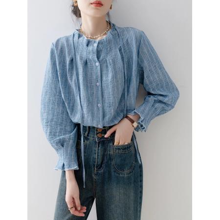 FA52625# 衬衣女款新款爆款秋冬季法式宽松圆领湖蓝色衬衫气质长袖上衣  服裝批發女裝批發服飾貨源