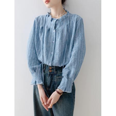 FA52625# 衬衣女款新款爆款秋冬季法式宽松圆领湖蓝色衬衫气质长袖上衣  服裝批發女裝批發服飾貨源