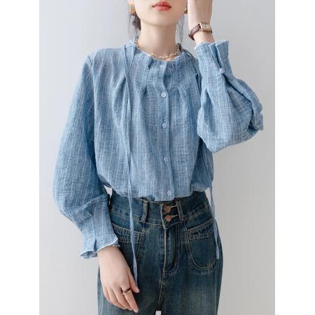 FA52625# 衬衣女款新款爆款秋冬季法式宽松圆领湖蓝色衬衫气质长袖上衣  服裝批發女裝批發服飾貨源