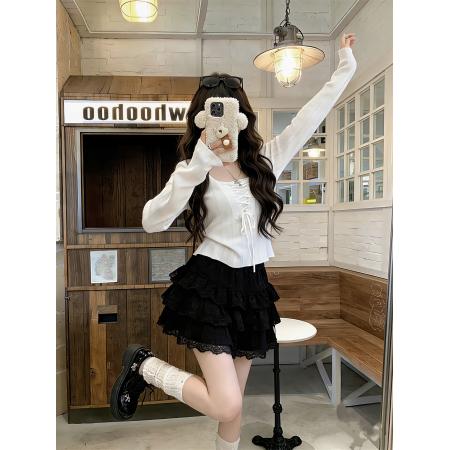 FA52627# 欲风U领假两件绑带高腰针织衫性感气质长袖套头上衣  服裝批發女裝批發服飾貨源