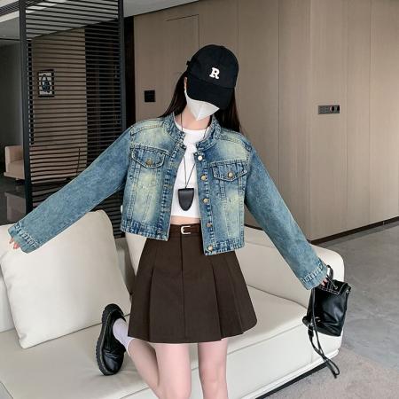 FA52628# 新款港风复古蓝色牛仔外套女春季辣妹短款夹克开衫长袖上衣  服裝批發女裝批發服飾貨源