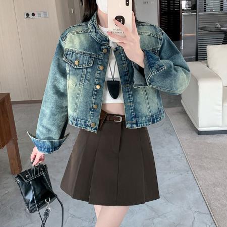 FA52628# 新款港风复古蓝色牛仔外套女春季辣妹短款夹克开衫长袖上衣  服裝批發女裝批發服飾貨源