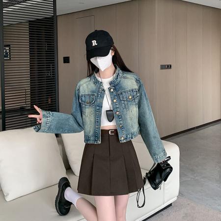 FA52628# 新款港风复古蓝色牛仔外套女春季辣妹短款夹克开衫长袖上衣  服裝批發女裝批發服飾貨源
