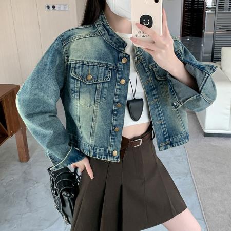 FA52628# 新款港风复古蓝色牛仔外套女春季辣妹短款夹克开衫长袖上衣  服裝批發女裝批發服飾貨源