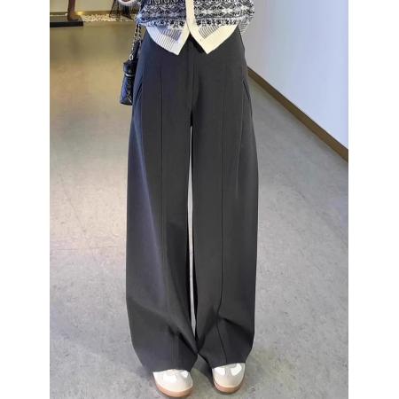 FA52629# 加厚灰色毛呢阔腿裤女秋冬宽松显瘦设计感褶皱直筒西装裤  服裝批發女裝批發服飾貨源