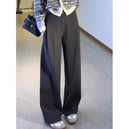 FA52629# 加厚灰色毛呢阔腿裤女秋冬宽松显瘦设计感褶皱直筒西装裤  服裝批發女裝批發服飾貨源