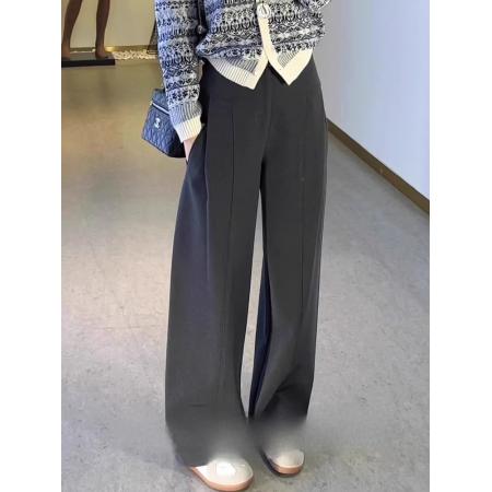 FA52629# 加厚灰色毛呢阔腿裤女秋冬宽松显瘦设计感褶皱直筒西装裤  服裝批發女裝批發服飾貨源