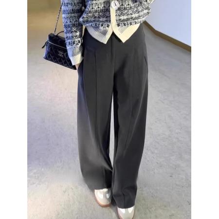 FA52629# 加厚灰色毛呢阔腿裤女秋冬宽松显瘦设计感褶皱直筒西装裤  服裝批發女裝批發服飾貨源