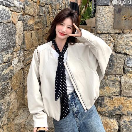 FA52630# 韩系高级感蝙蝠袖皮衣外套女秋冬新款休闲气质夹克配丝巾短款  服裝批發女裝批發服飾貨源