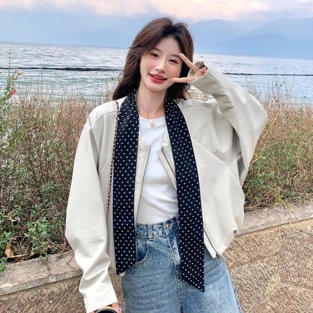 FA52630# 韩系高级感蝙蝠袖皮衣外套女秋冬新款休闲气质夹克配丝巾短款  服裝批發女裝批發服飾貨源