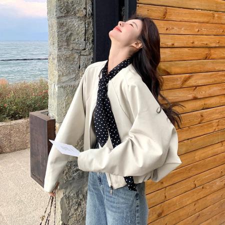 FA52630# 韩系高级感蝙蝠袖皮衣外套女秋冬新款休闲气质夹克配丝巾短款  服裝批發女裝批發服飾貨源