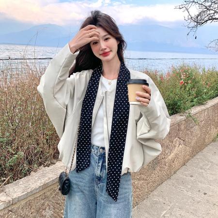 FA52630# 韩系高级感蝙蝠袖皮衣外套女秋冬新款休闲气质夹克配丝巾短款  服裝批發女裝批發服飾貨源