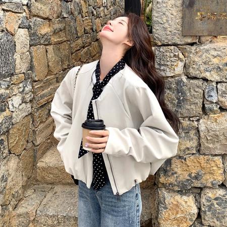 FA52630# 韩系高级感蝙蝠袖皮衣外套女秋冬新款休闲气质夹克配丝巾短款  服裝批發女裝批發服飾貨源