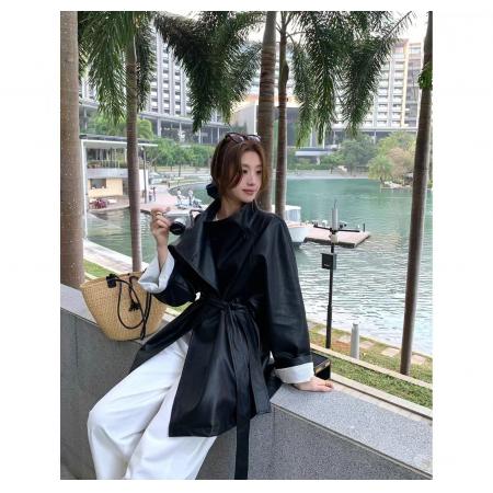 FA52631# 设计高级感炸街复古西装皮衣外套秋季系带皮衣网红上衣城市机能风  服裝批發女裝批發服飾貨源